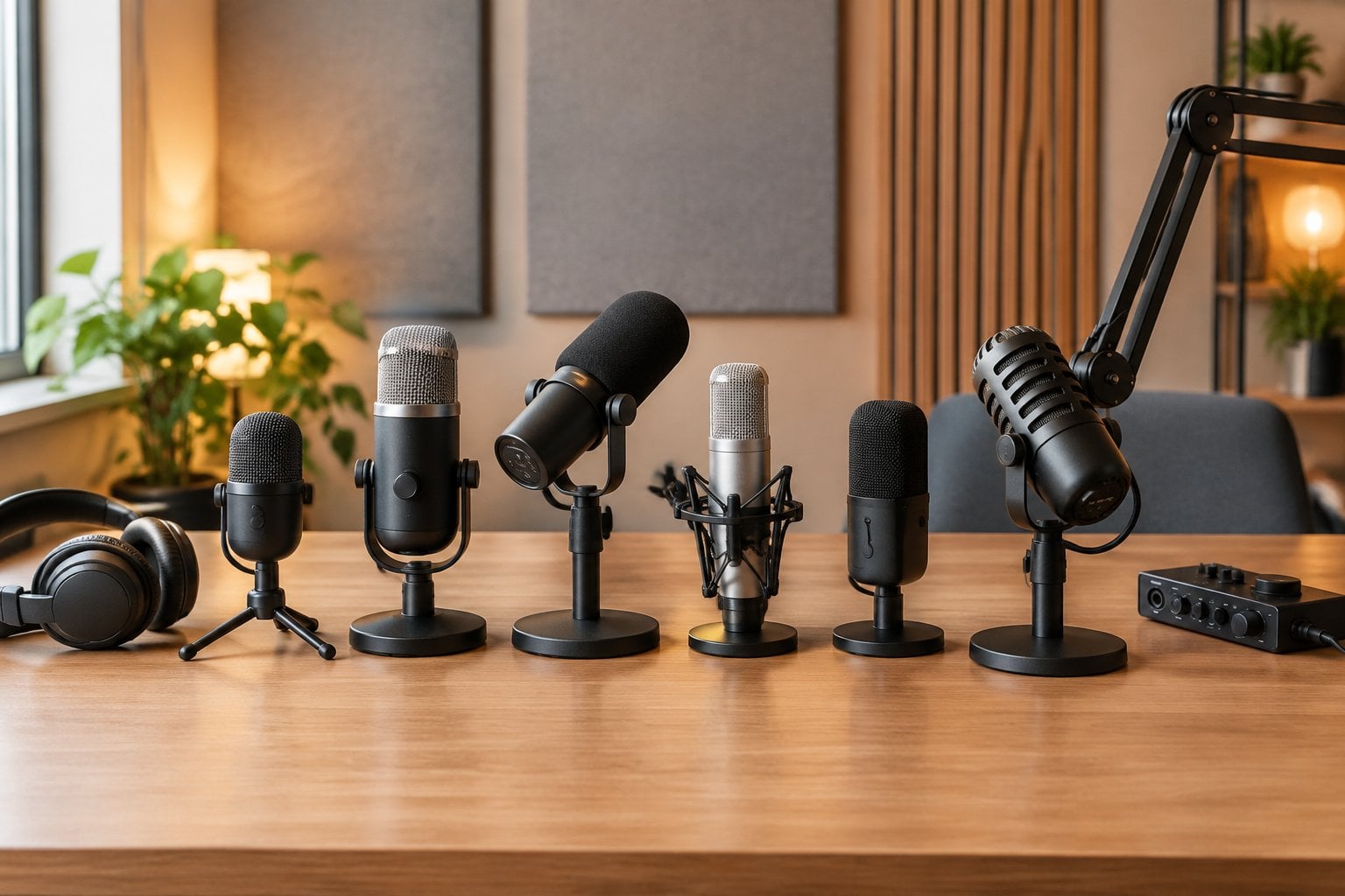 A selection of podcast microphones and recording accessories arranged on a studio desk.
