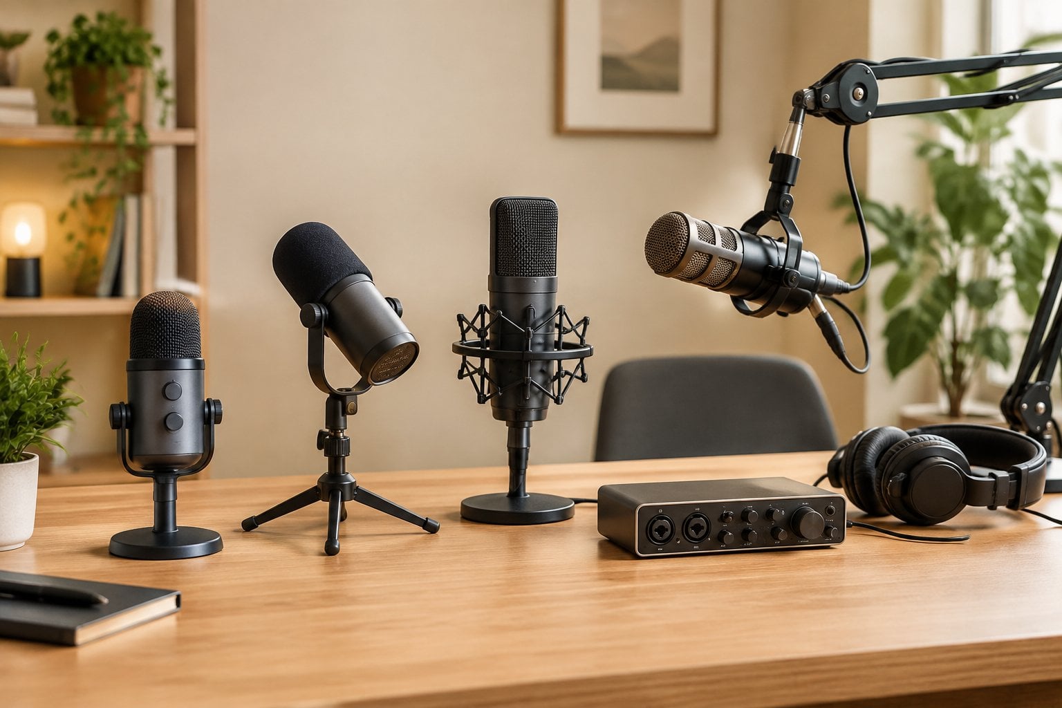 Several podcast microphones and recording accessories arranged on a studio desk.