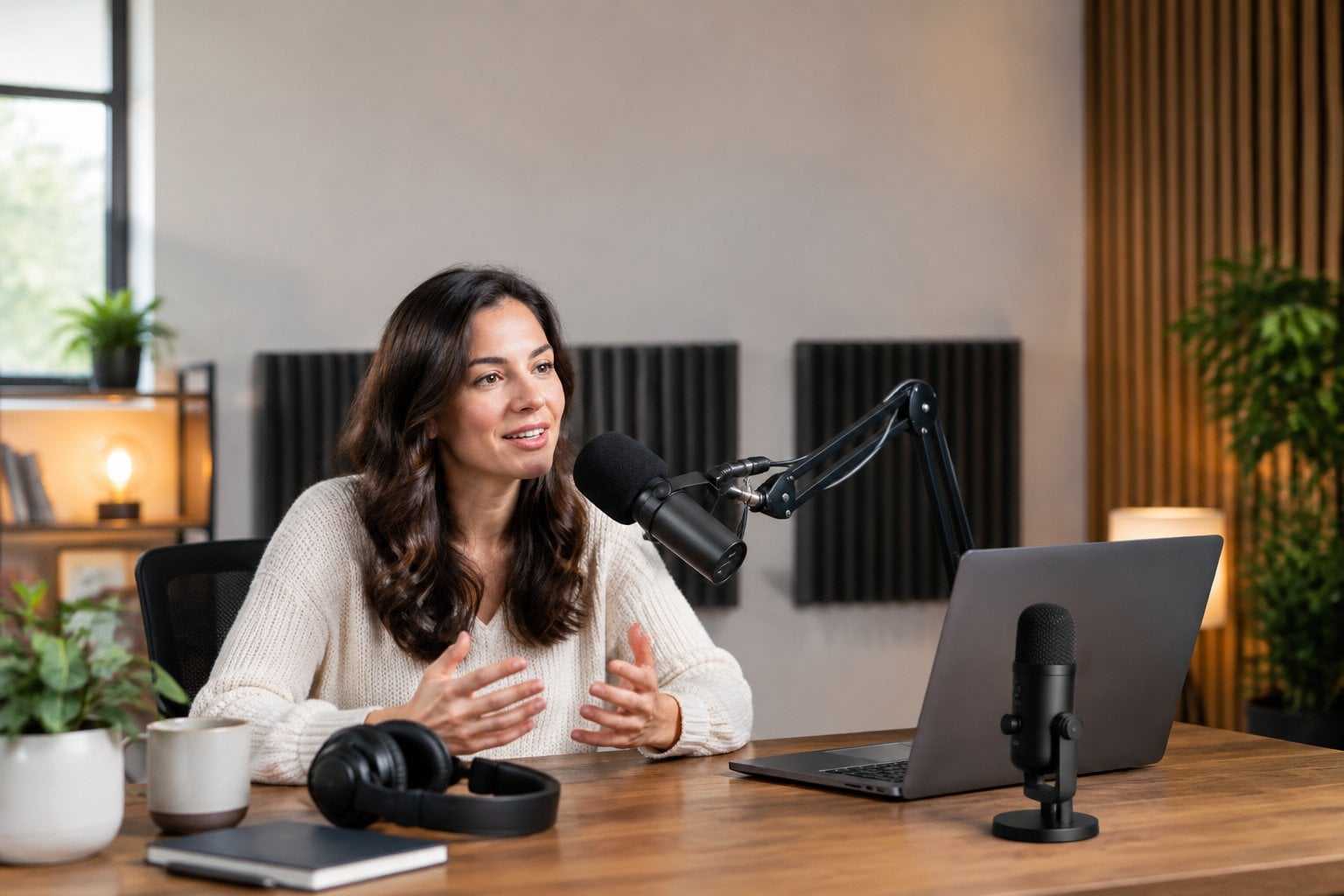 A podcast host speaks into a microphone at a home studio desk.